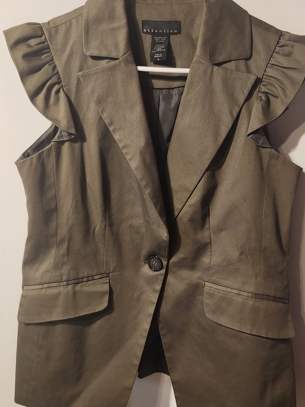attention Olive Military Style Ruffle-Shoulder Sleeveless Blazer Vest